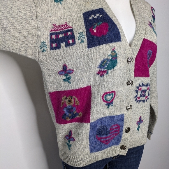 Vintage Woolrich Grey Blue Pink Mixed Design Button Up Wool Cardigan Sweater M - Picture 3 of 9